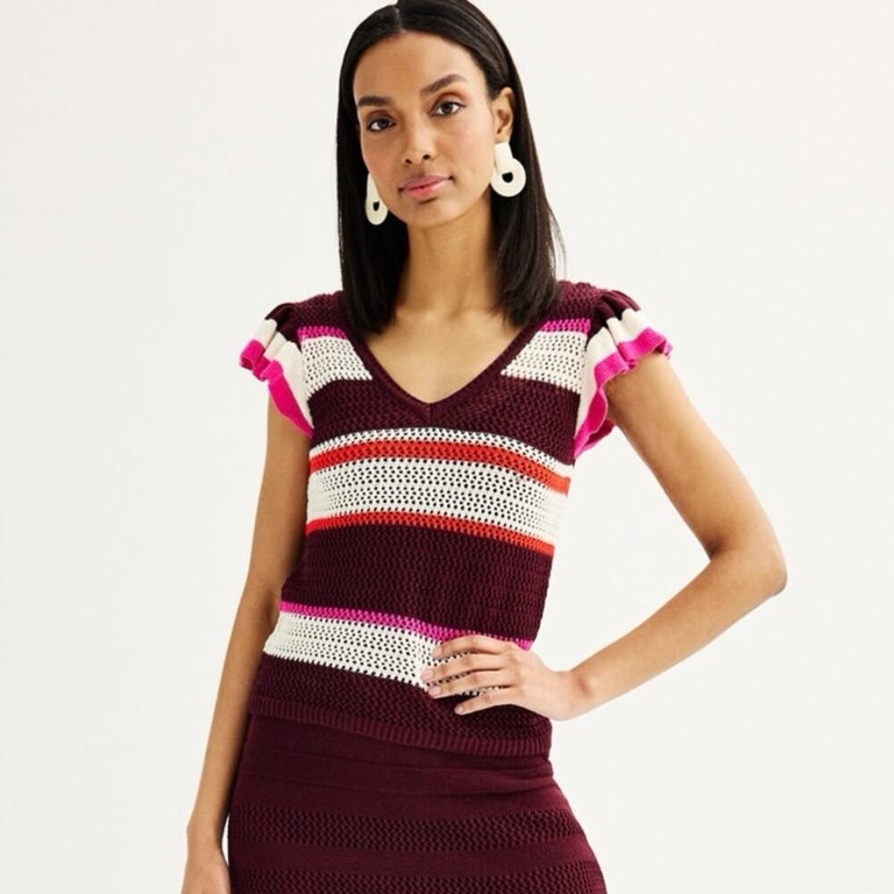 Nine West Open Knit Crochet Flutter Sleeve Top Striped NWT Size M Retro Summer